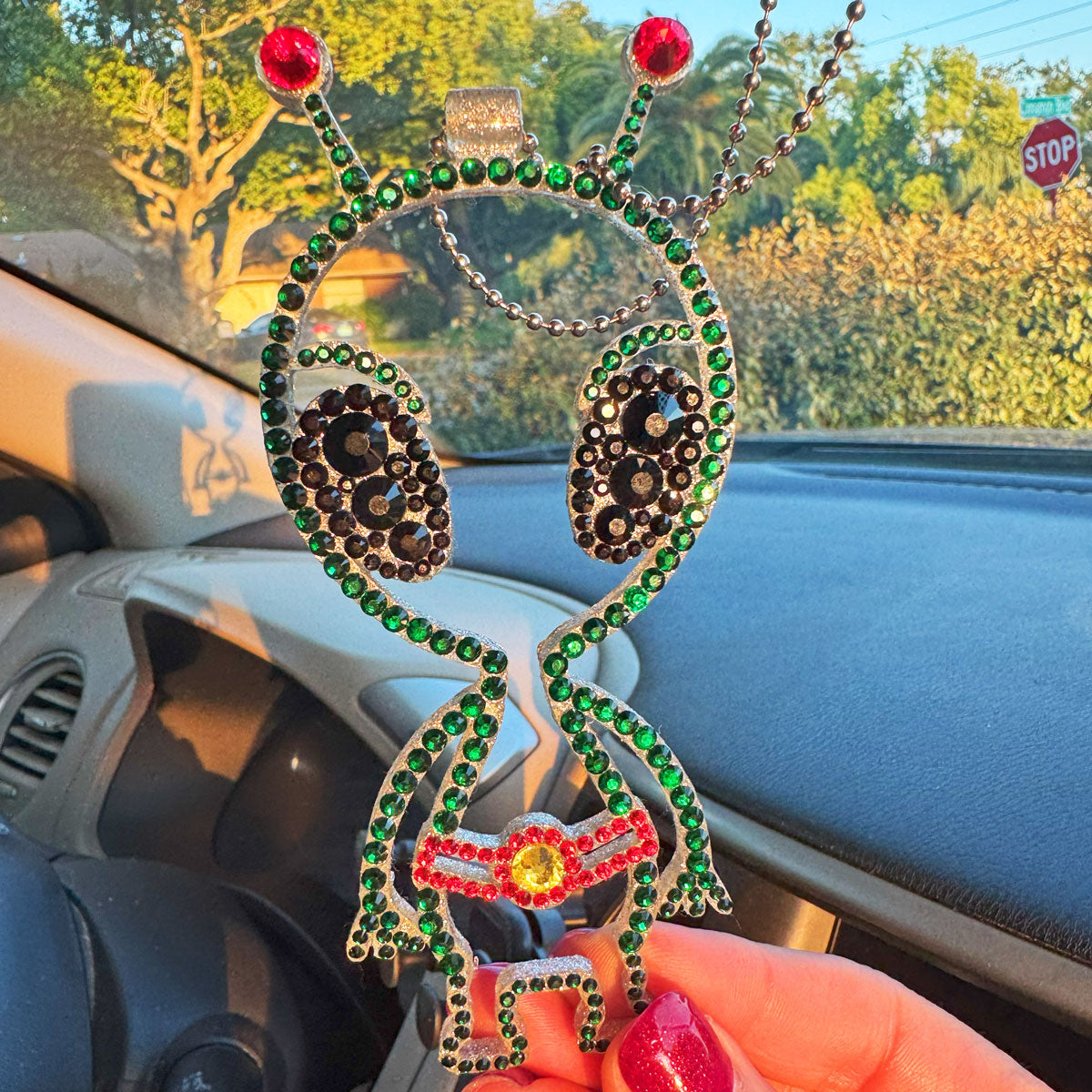 Alien car rearview mirror rhinestone pendant Green, Black and Red Hot