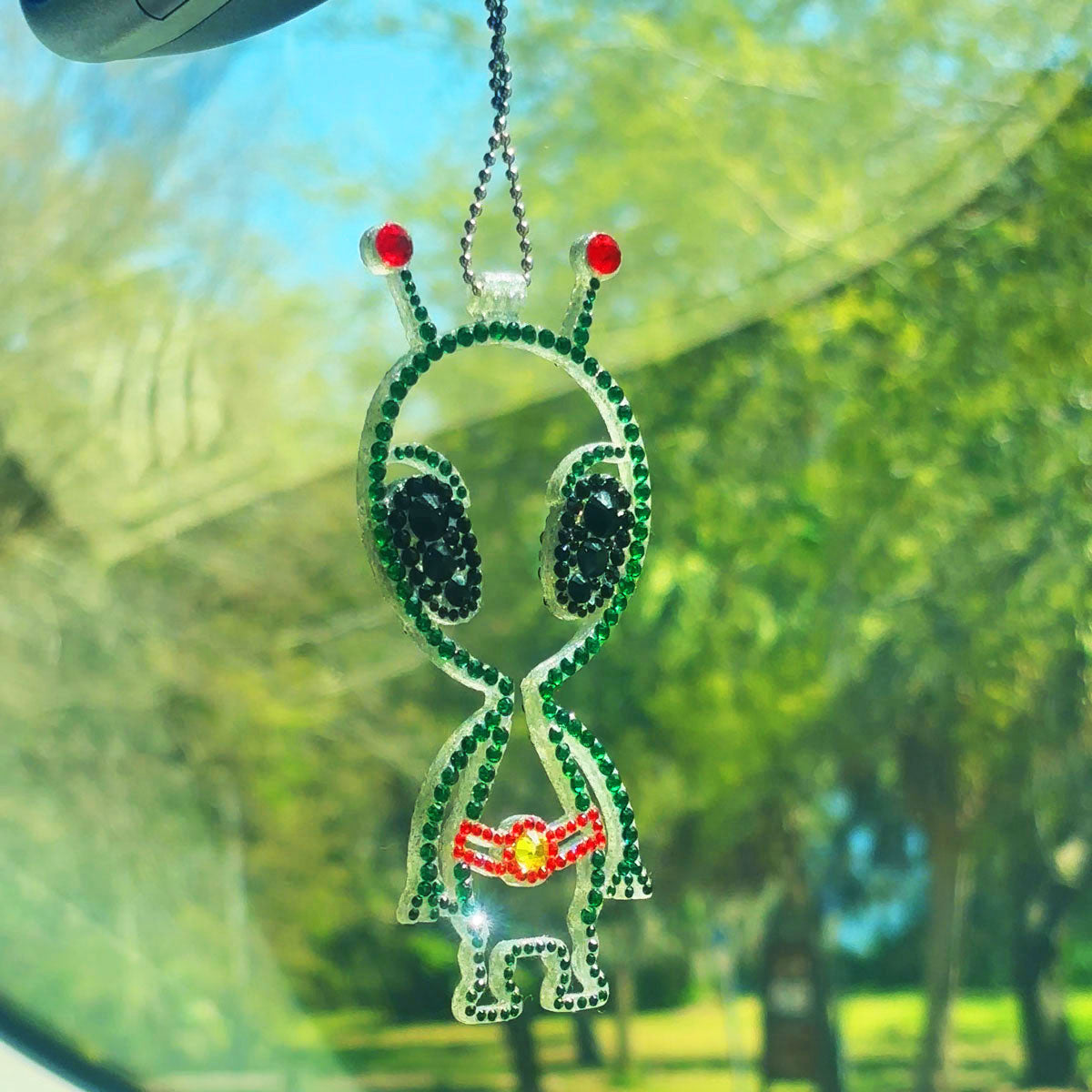 Alien car rearview mirror rhinestone pendant Green, Black and Red Hot