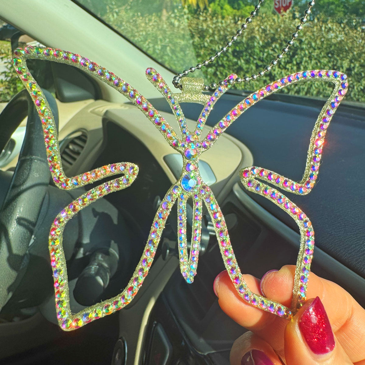 Butterfly car rearview mirror rhinestone pendant Rainbow