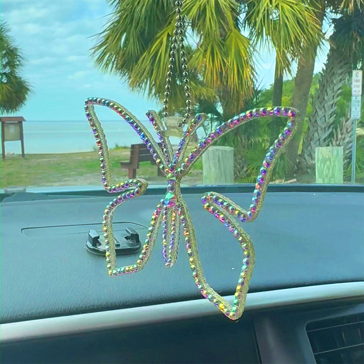 Butterfly car rearview mirror rhinestone pendant Rainbow