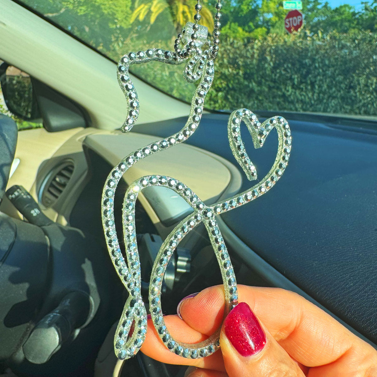 Cat rearview mirror rhinestone pendant Silver Metallic