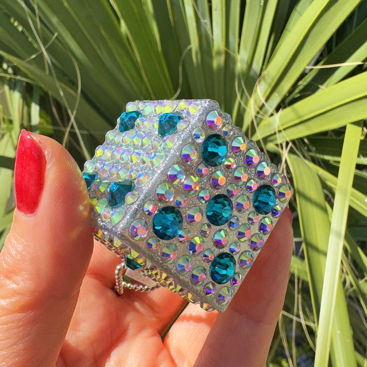 Lucky Dice car rearview mirror rhinestone pendant Rainbow and Blue