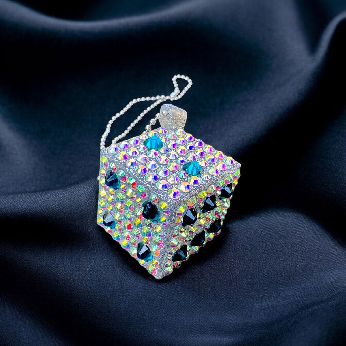 Lucky Dice car rearview mirror rhinestone pendant Rainbow and Blue