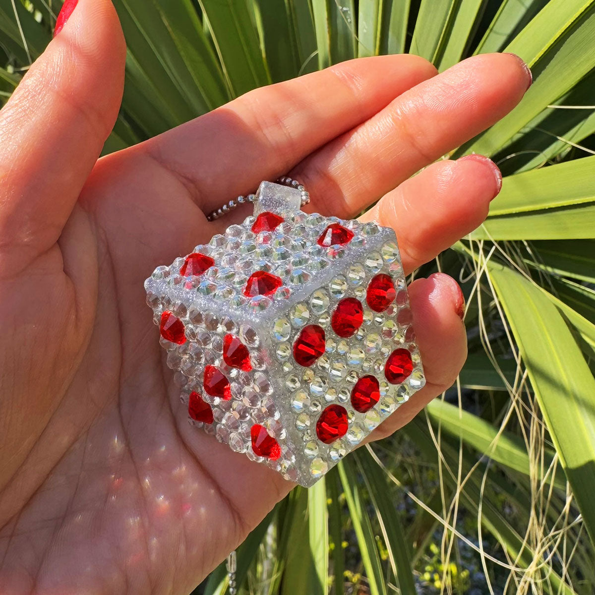 Lucky Dice car rearview mirror rhinestone pendant White and Red Hot