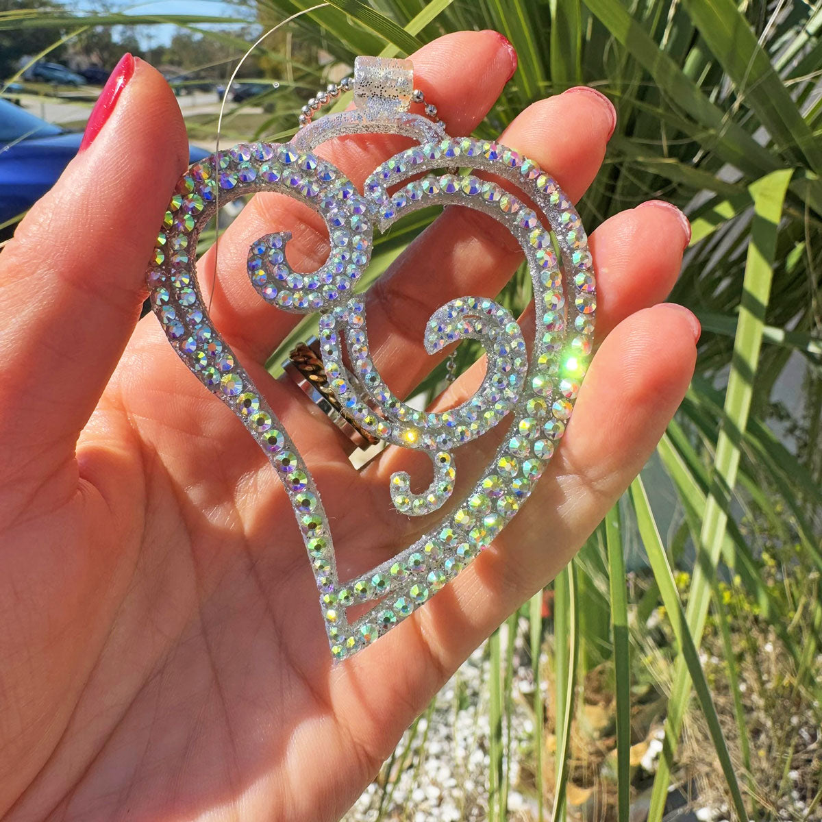 Elegant Heart Small car rearview mirror rhinestone pendant Rainbow