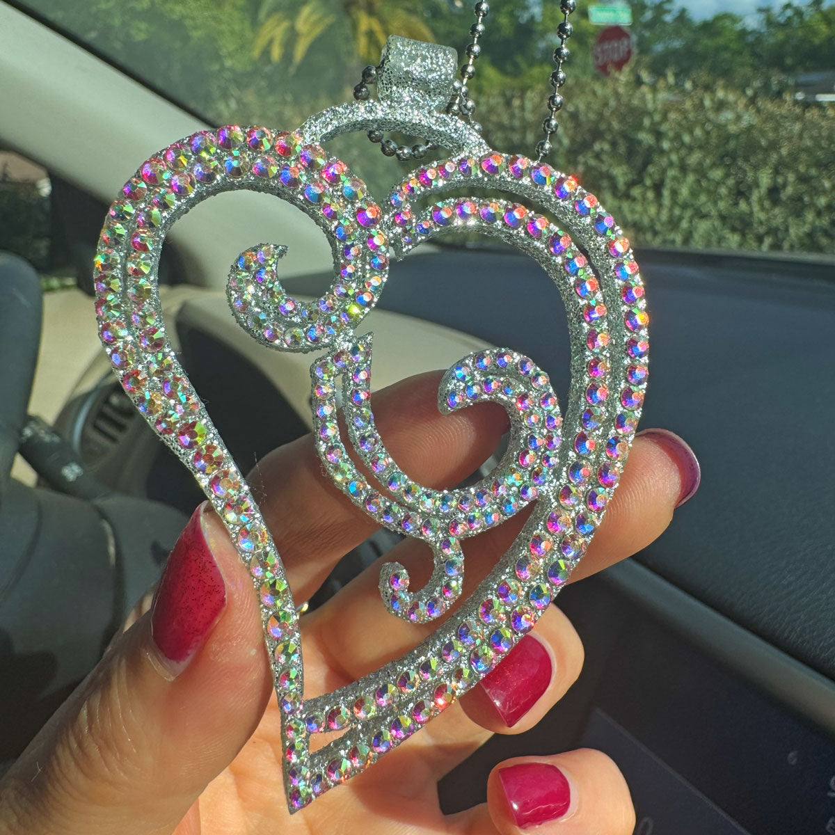 Elegant Heart Small car rearview mirror rhinestone pendant Rainbow