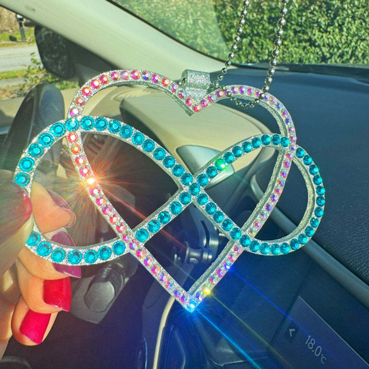 Infinity with Heart car rearview mirror rhinestone pendant Rainbow and Cyan Dark