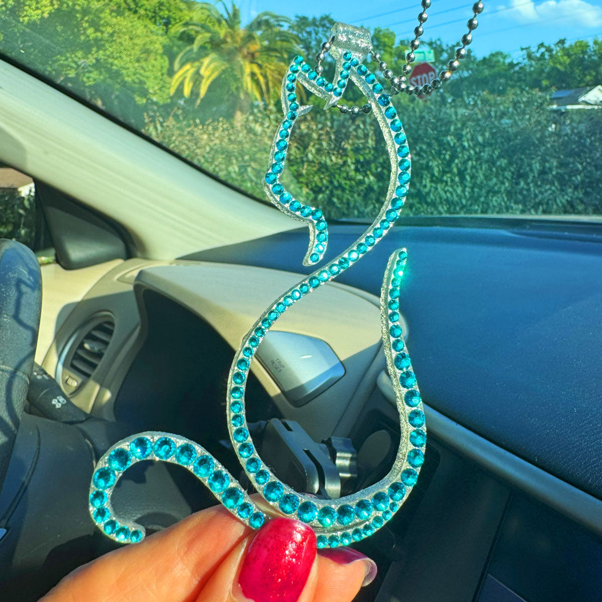 Kitty car rearview mirror rhinestone pendant Cyan Dark