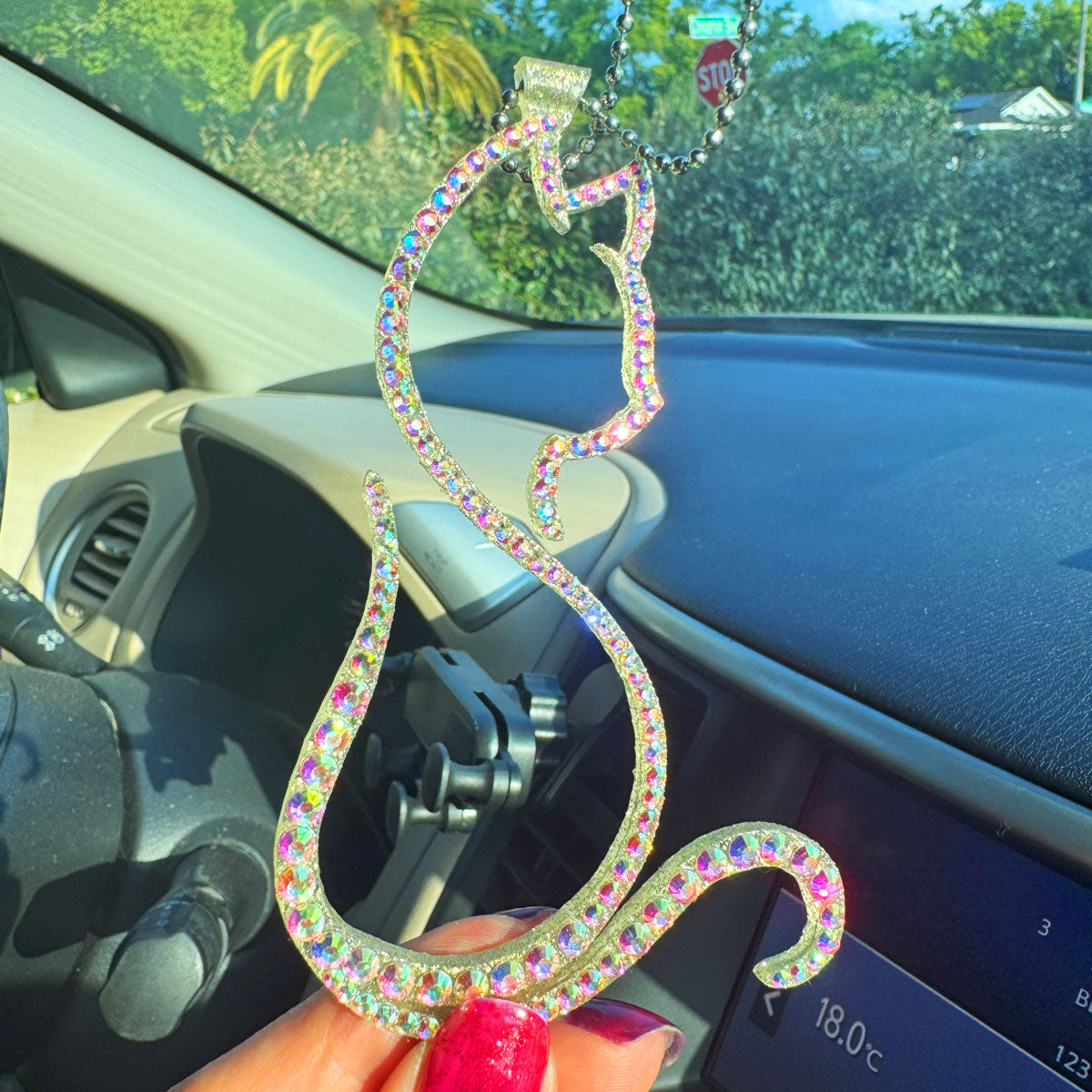 Kitty car rearview mirror rhinestone pendant Rainbow