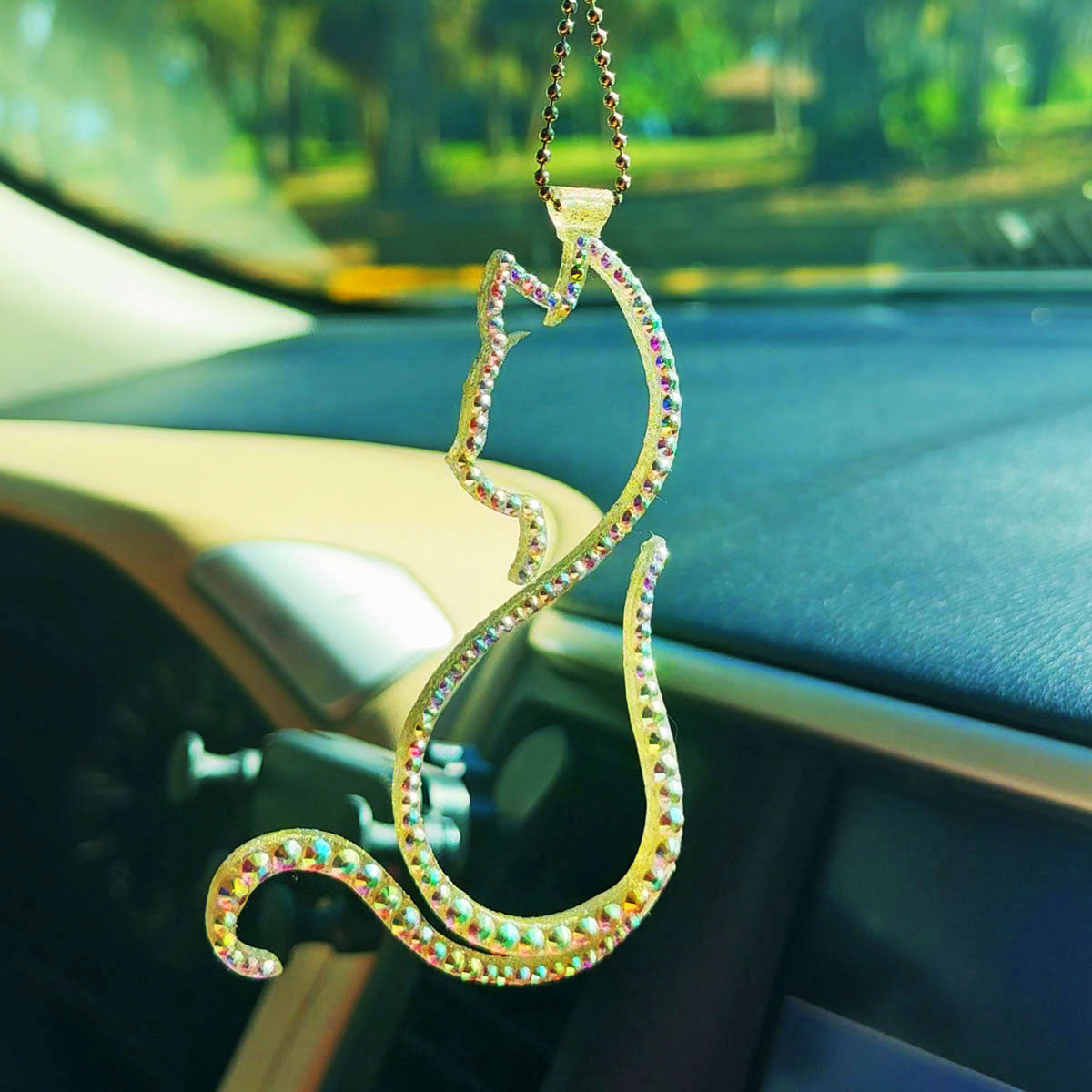 Kitty car rearview mirror rhinestone pendant Rainbow