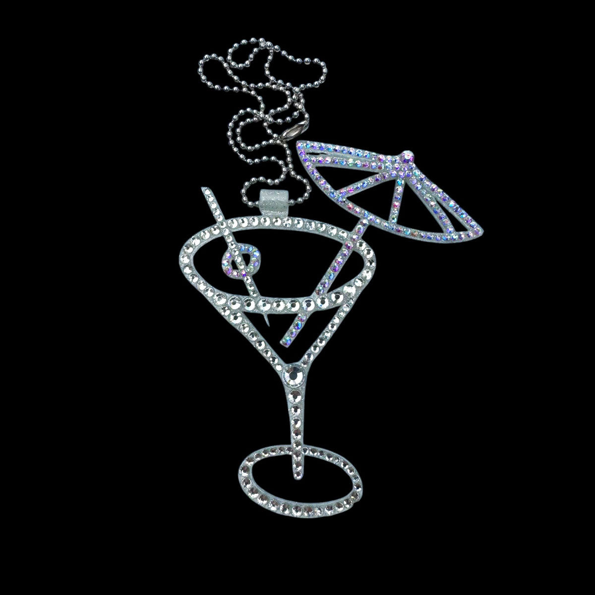 Martini Glass car rearview mirror rhinestone pendant White and Rainbow