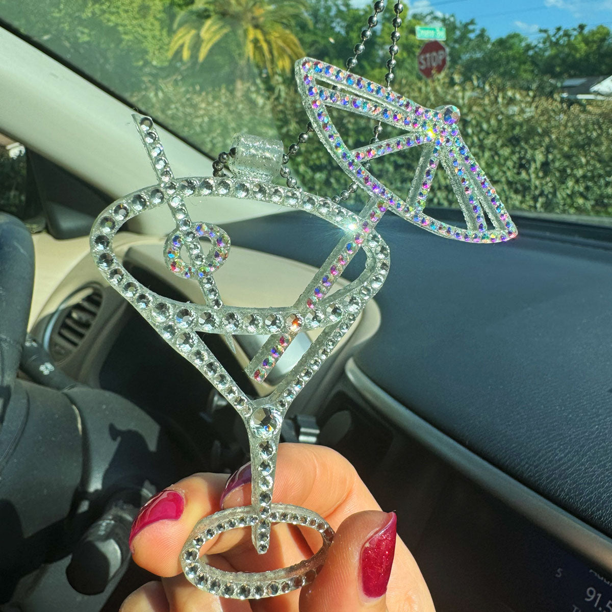 Martini Glass car rearview mirror rhinestone pendant White and Rainbow