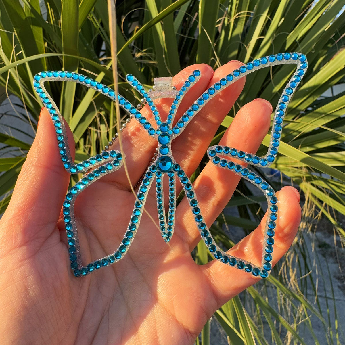 Butterfly car rearview mirror rhinestone pendant Cyan Dark