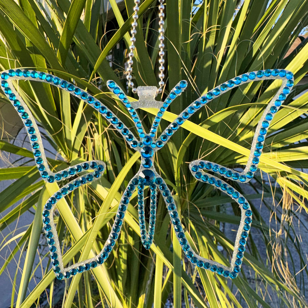 Butterfly car rearview mirror rhinestone pendant Cyan Dark