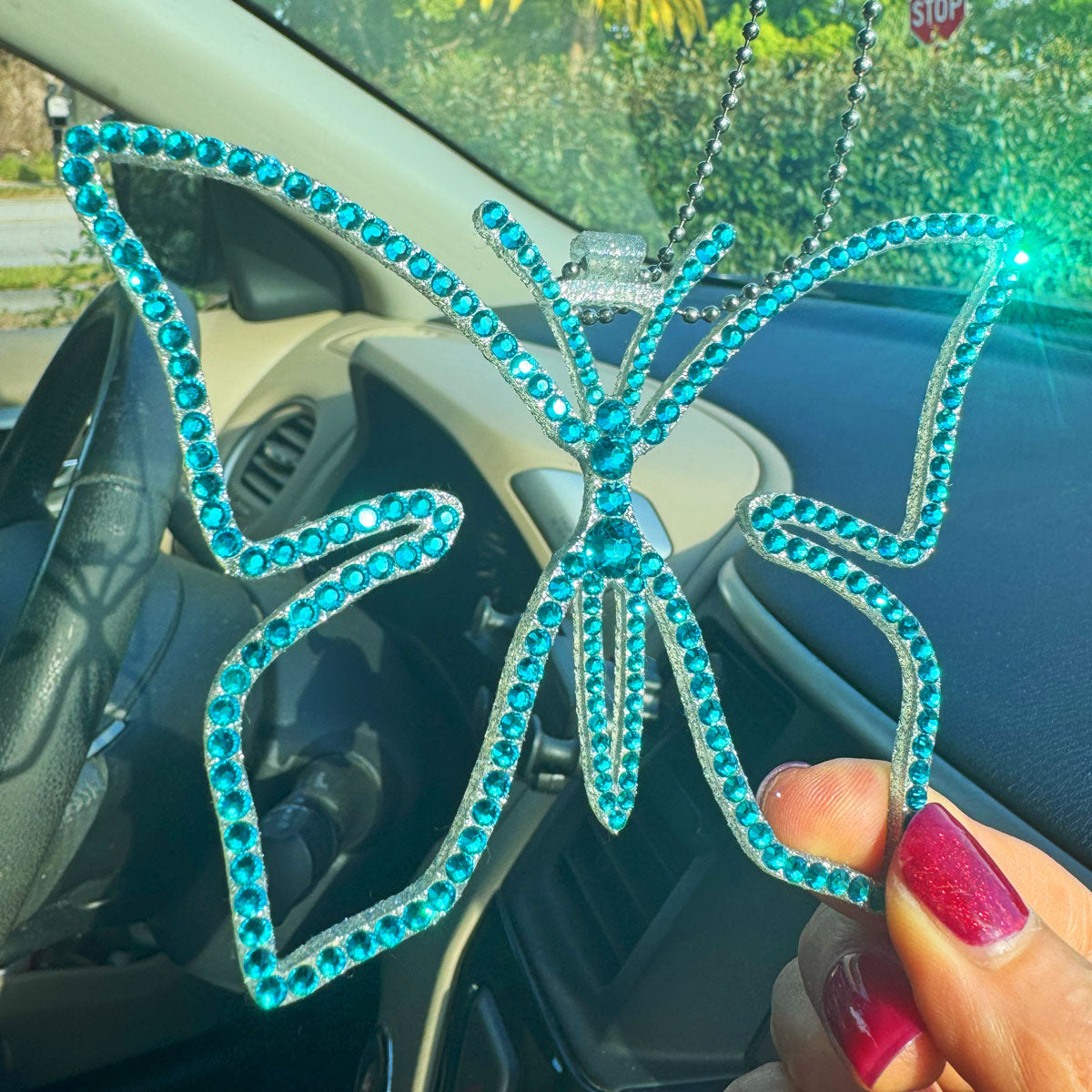 Butterfly car rearview mirror rhinestone pendant Cyan Dark