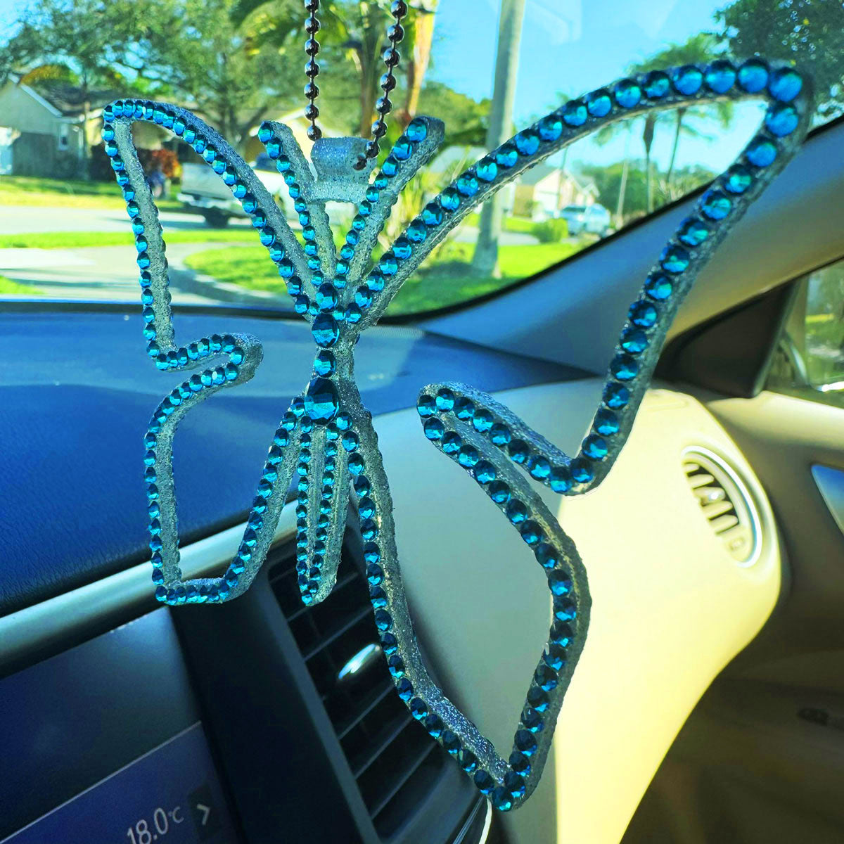 Butterfly car rearview mirror rhinestone pendant Cyan Dark