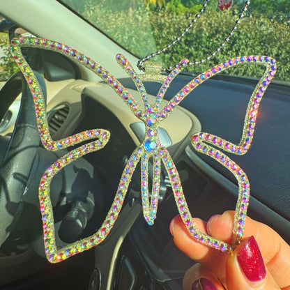 Butterfly car rearview mirror rhinestone pendant Rainbow