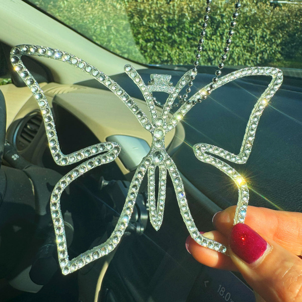 Butterfly car rearview mirror rhinestone pendant White
