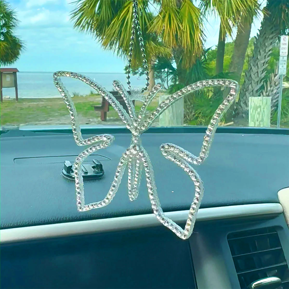Butterfly car rearview mirror rhinestone pendant White