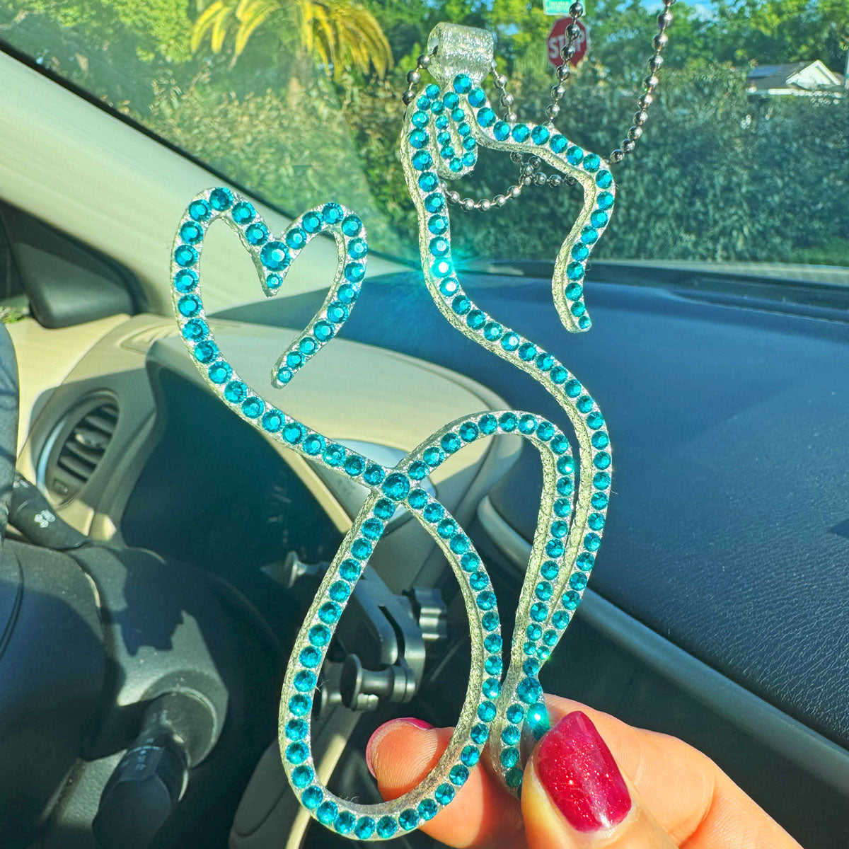 Cat rearview mirror rhinestone pendant Cyan Dark