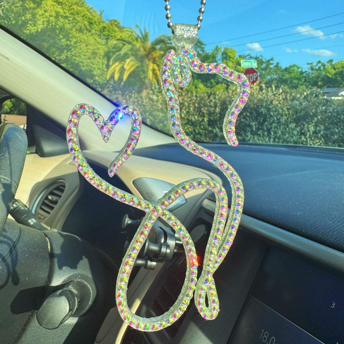 Cat rearview mirror rhinestone pendant Rainbow