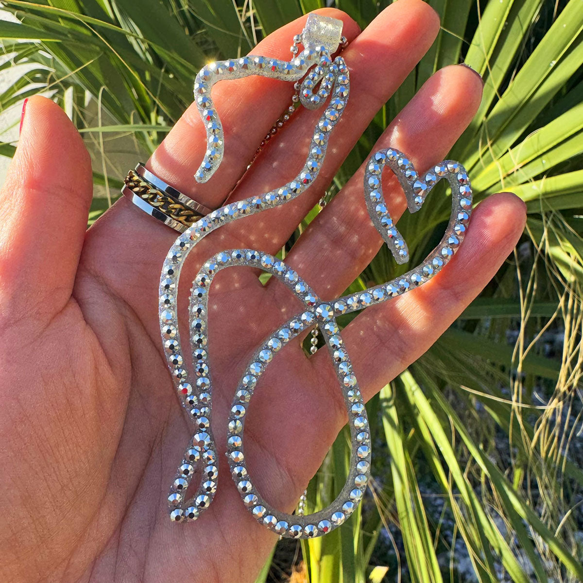 Cat rearview mirror rhinestone pendant Silver Metallic