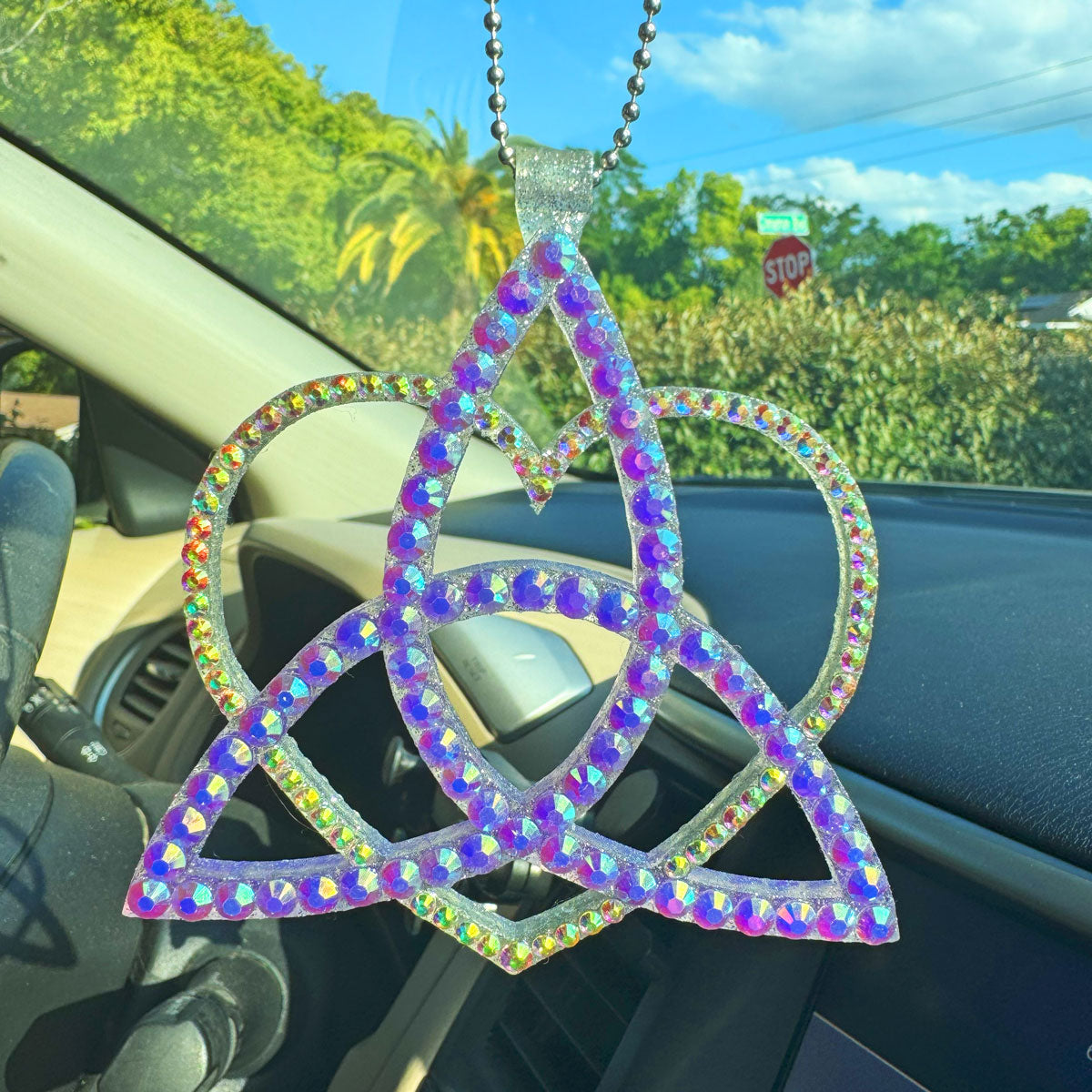Celtic Triangle with Heart car rearview mirror rhinestone pendant Rainbow Purple