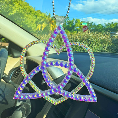 Celtic Triangle with Heart car rearview mirror rhinestone pendant Rainbow Purple