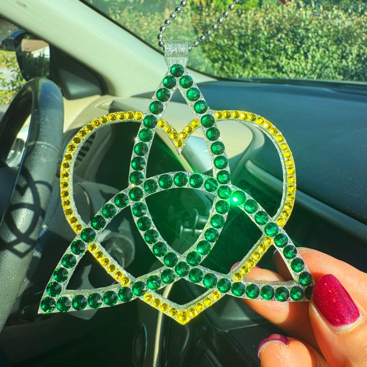 Celtic Triangle with Heart car rearview mirror rhinestone pendant Yellow and Green