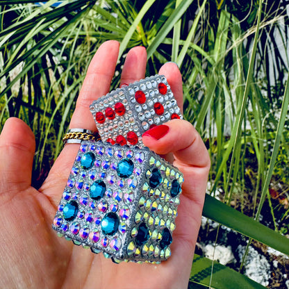 Lucky Dice car rearview mirror rhinestone pendant Rainbow and Blue