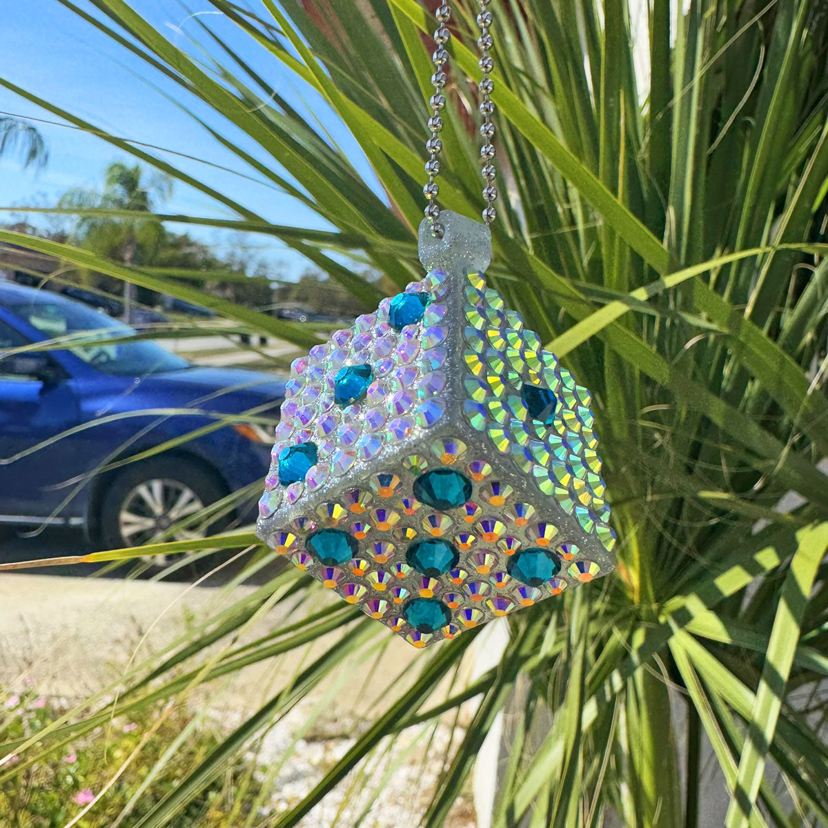 Lucky Dice car rearview mirror rhinestone pendant Rainbow and Blue