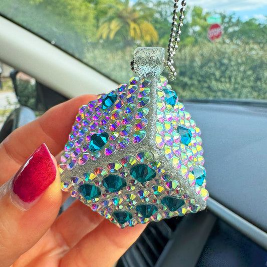 Lucky Dice car rearview mirror rhinestone pendant Rainbow and Blue