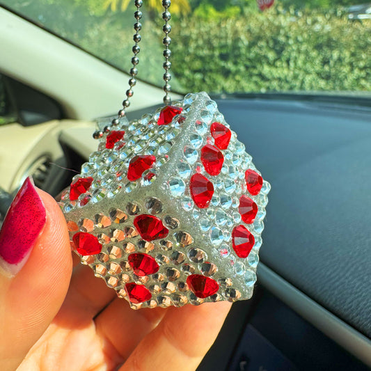 Lucky Dice car rearview mirror rhinestone pendant White and Red Hot