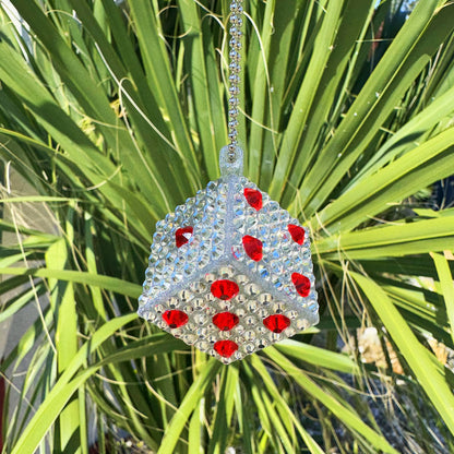 Lucky Dice car rearview mirror rhinestone pendant White and Red Hot
