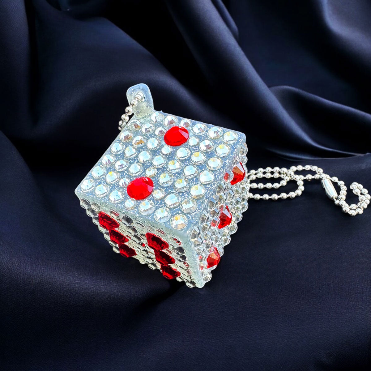 Lucky Dice car rearview mirror rhinestone pendant White and Red Hot