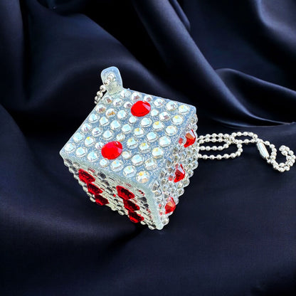 Lucky Dice car rearview mirror rhinestone pendant White and Red Hot