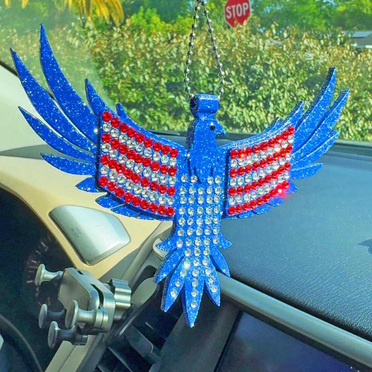American Eagle car rearview mirror  rhinestone pendant White and Red Hot