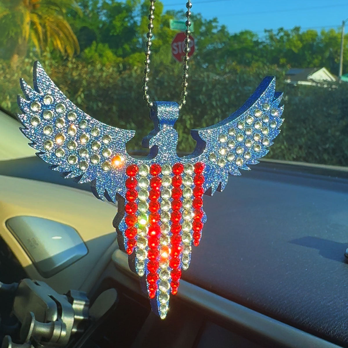 American Eagle car rearview mirror  rhinestone pendant White and Red Hot