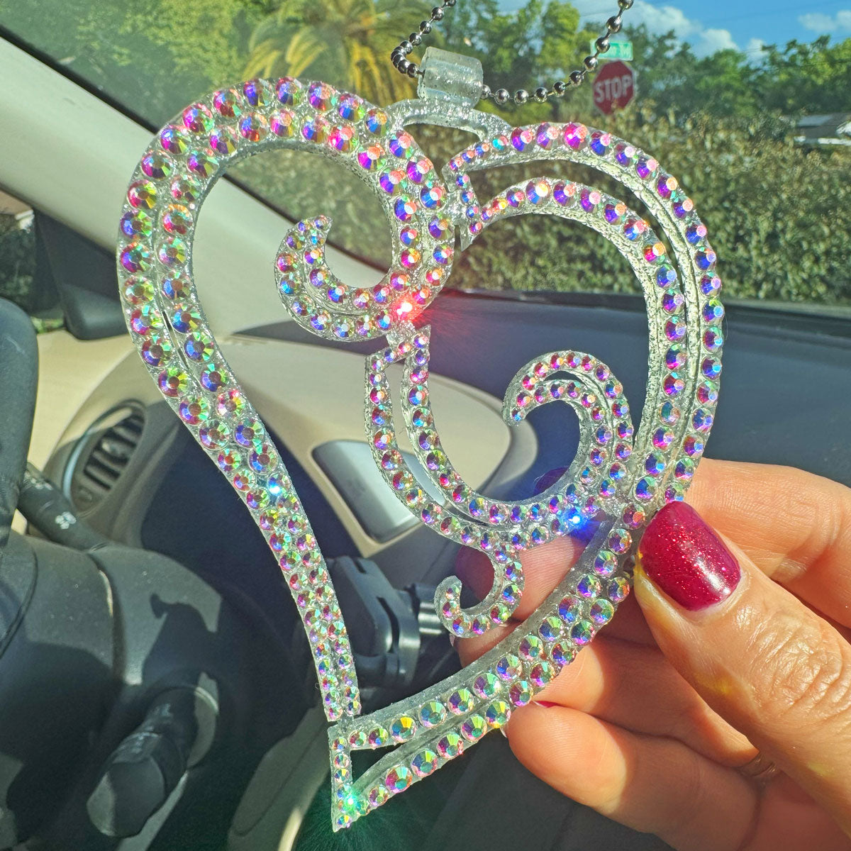 Elegant Heart car rearview mirror rhinestone pendant Rainbow