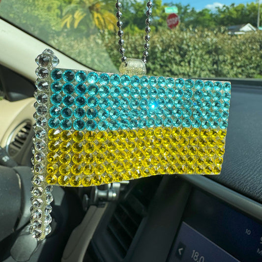 Ukrainian Flag UA car rearview mirror  rhinestone pendant Yellow and Blue