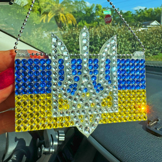 Ukrainian Flag UA with Trident car rearview mirror  rhinestone pendant Yellow, Blue and White