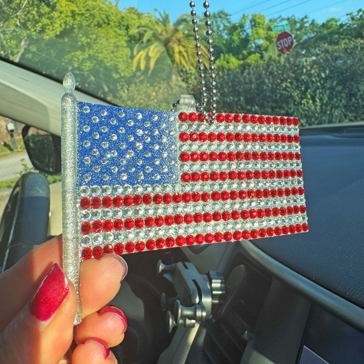 American Flag US and American Eagle  car rearview mirror rhinestone pendant