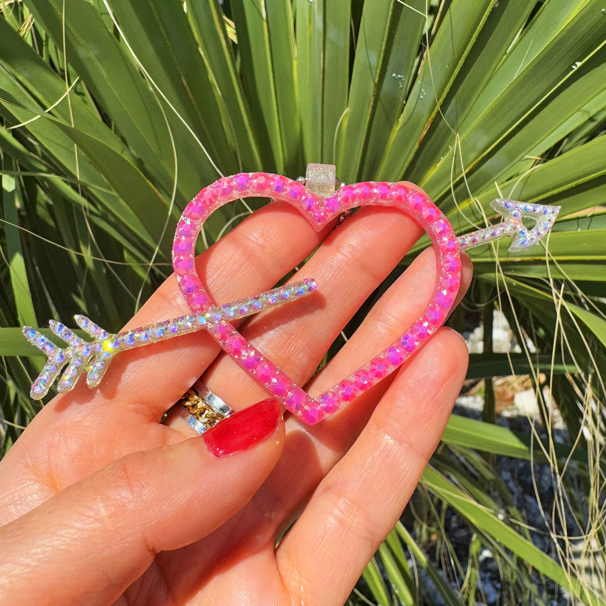 Heart with Arrow car rearview mirror rhinestone pendant Rainbow and Pink