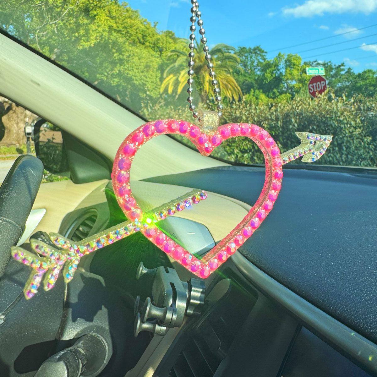 Heart with Arrow car rearview mirror rhinestone pendant Rainbow and Pink