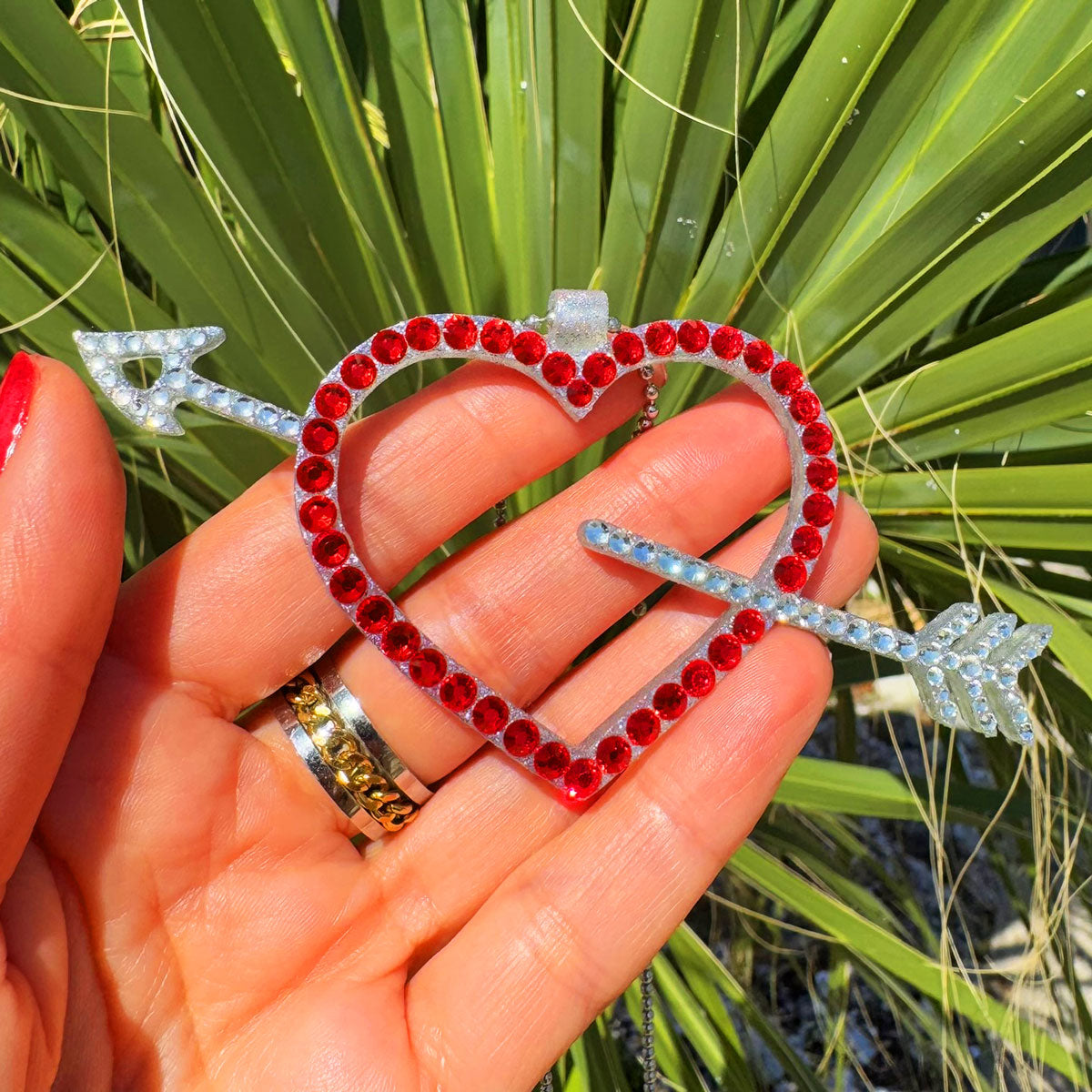 Heart with Arrow car rearview mirror rhinestone pendant White and Red Hot