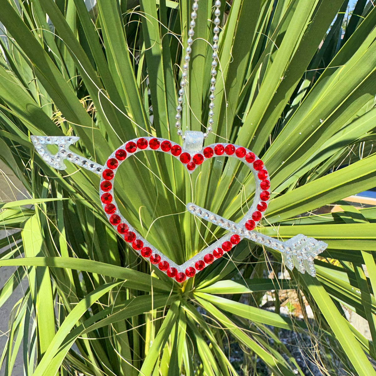 Heart with Arrow car rearview mirror rhinestone pendant White and Red Hot