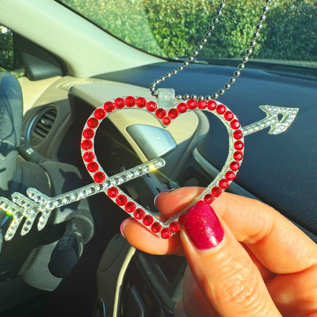 Heart with Arrow car rearview mirror rhinestone pendant White and Red Hot