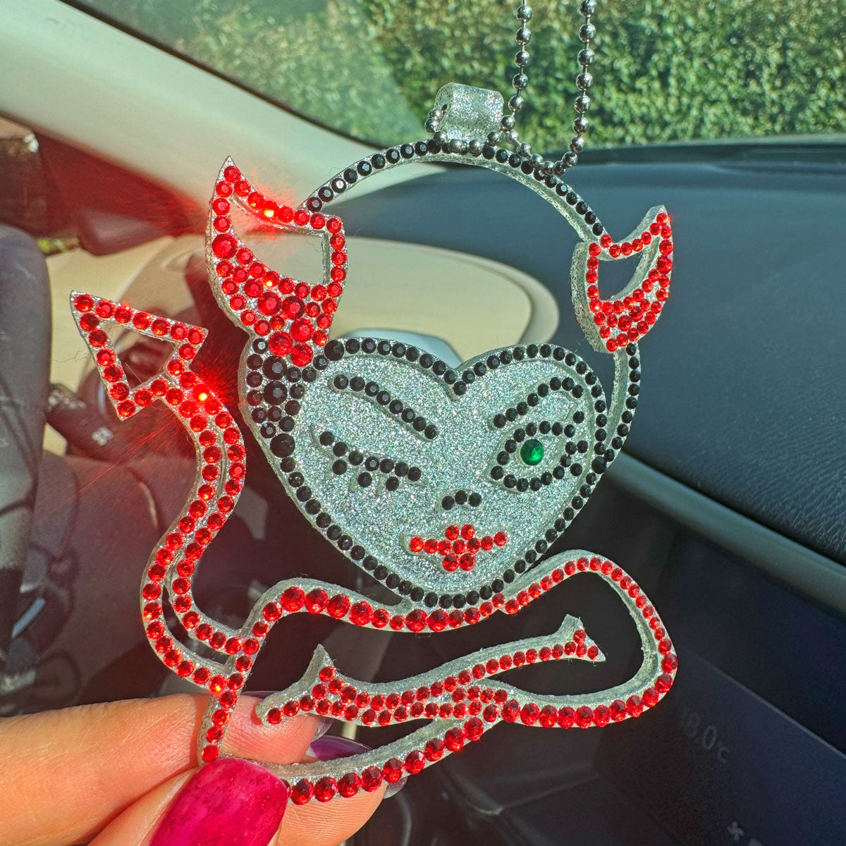 Imp car rearview mirror  rhinestone pendant Red Hot and Black