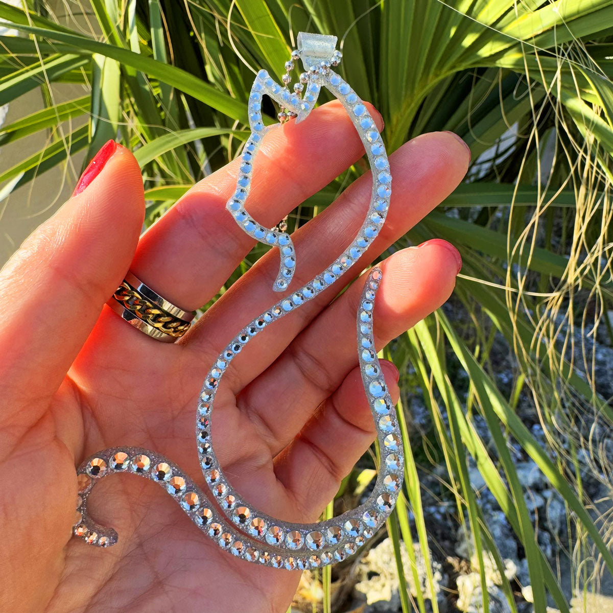 Kitty car rearview mirror rhinestone pendant White