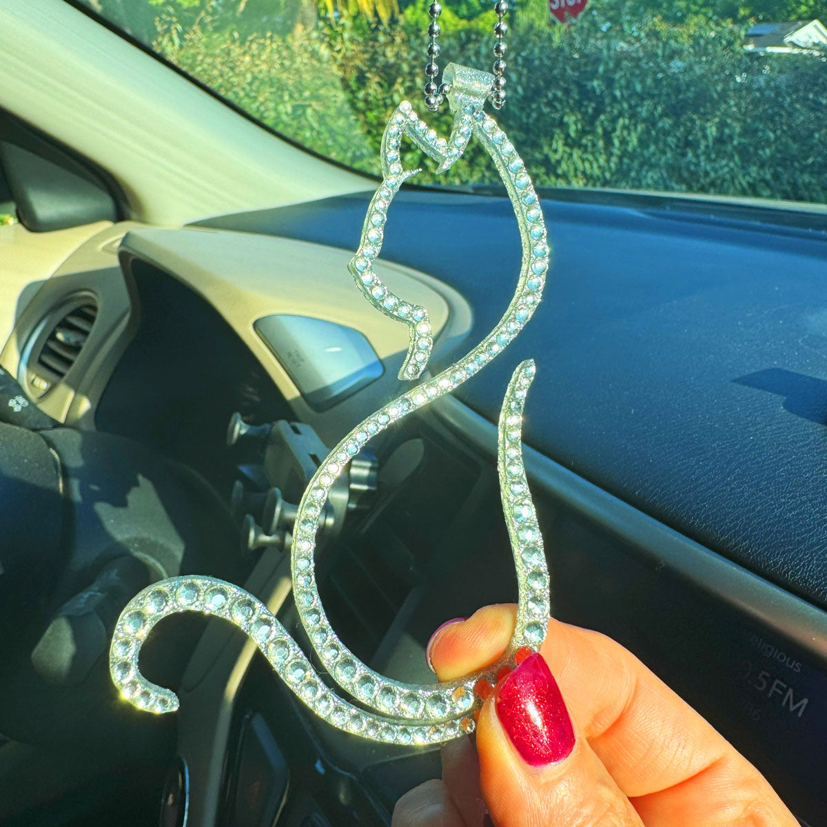 Kitty car rearview mirror rhinestone pendant White